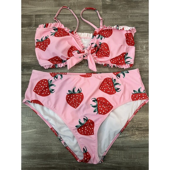 SheIn Other - Strawberry Pink 2 Piece Bikini Set Size 2XL Bow Adjustable Straps Ruffles Swim